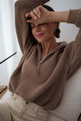 Taupe Ribbed Knit Zippered Sweater