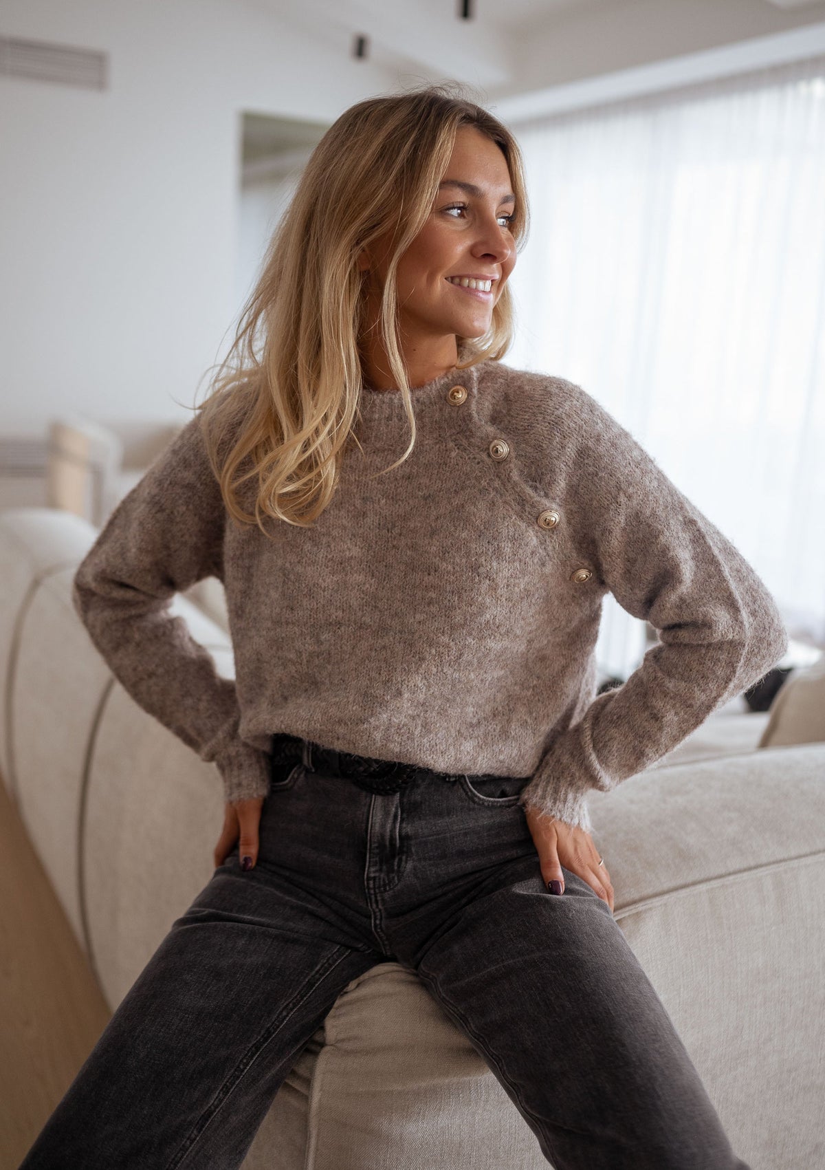 Beige Slant Buttoned Knit Sweater