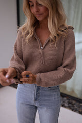 Taupe Ribbed Knit Zippered Sweater