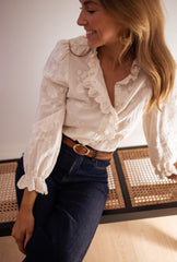 White Emboridery Floral Ruffled Shirt