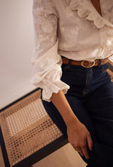 White Emboridery Floral Ruffled Shirt