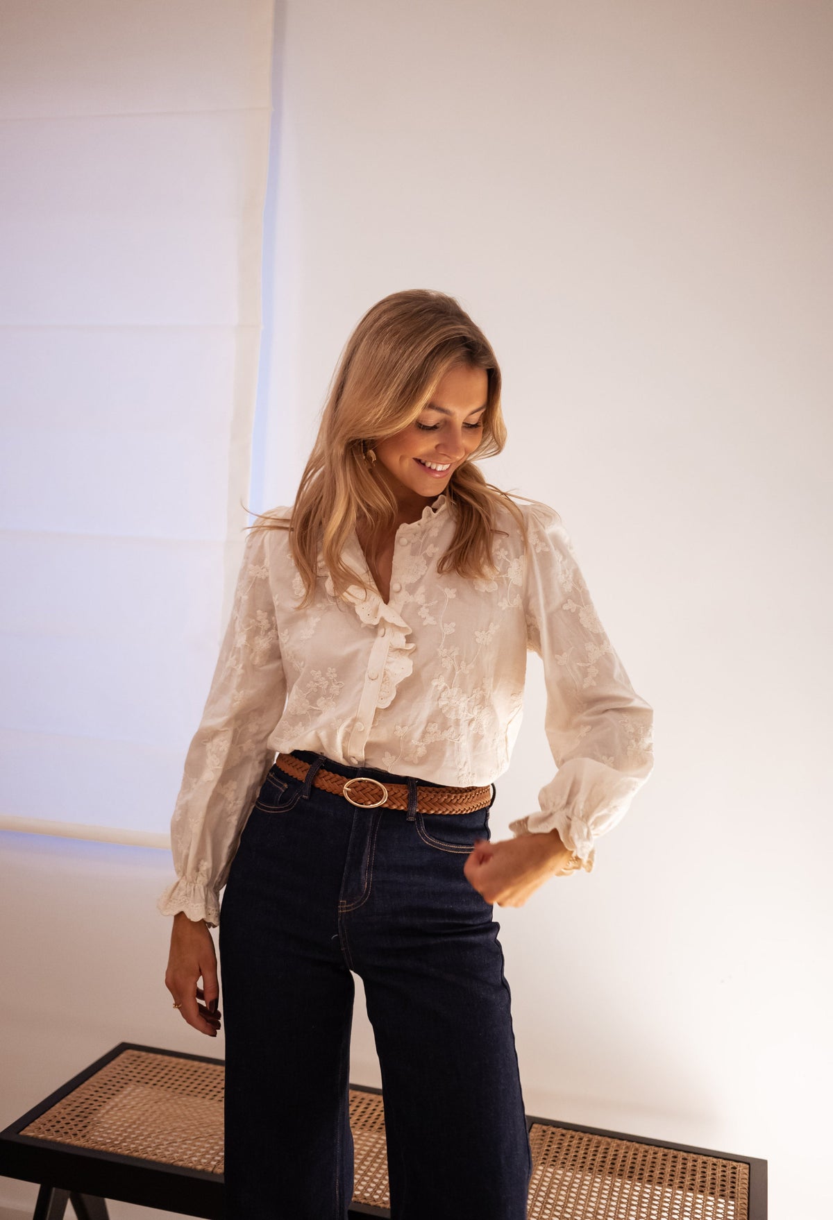 White Emboridery Floral Ruffled Shirt