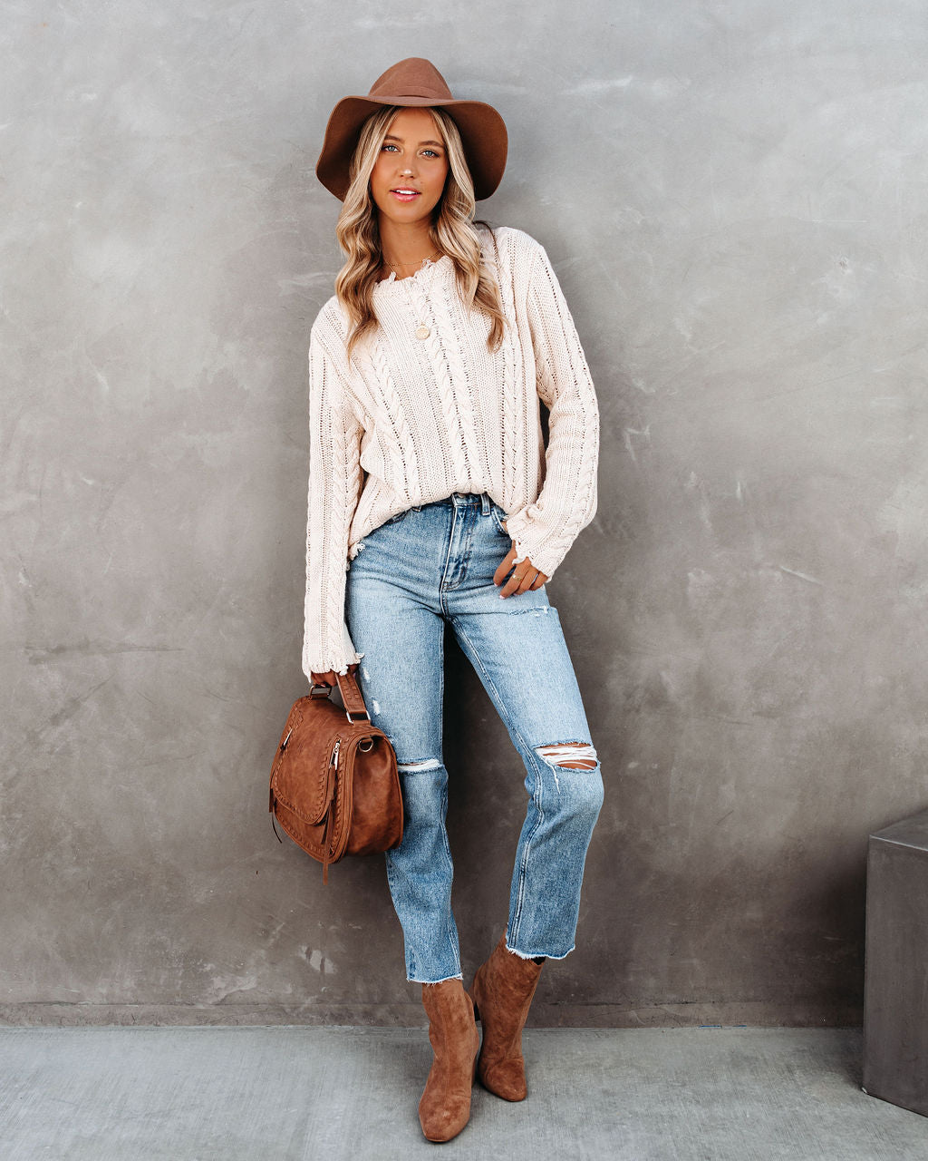 Dacey Distressed Cable Knit Sweater - Cream