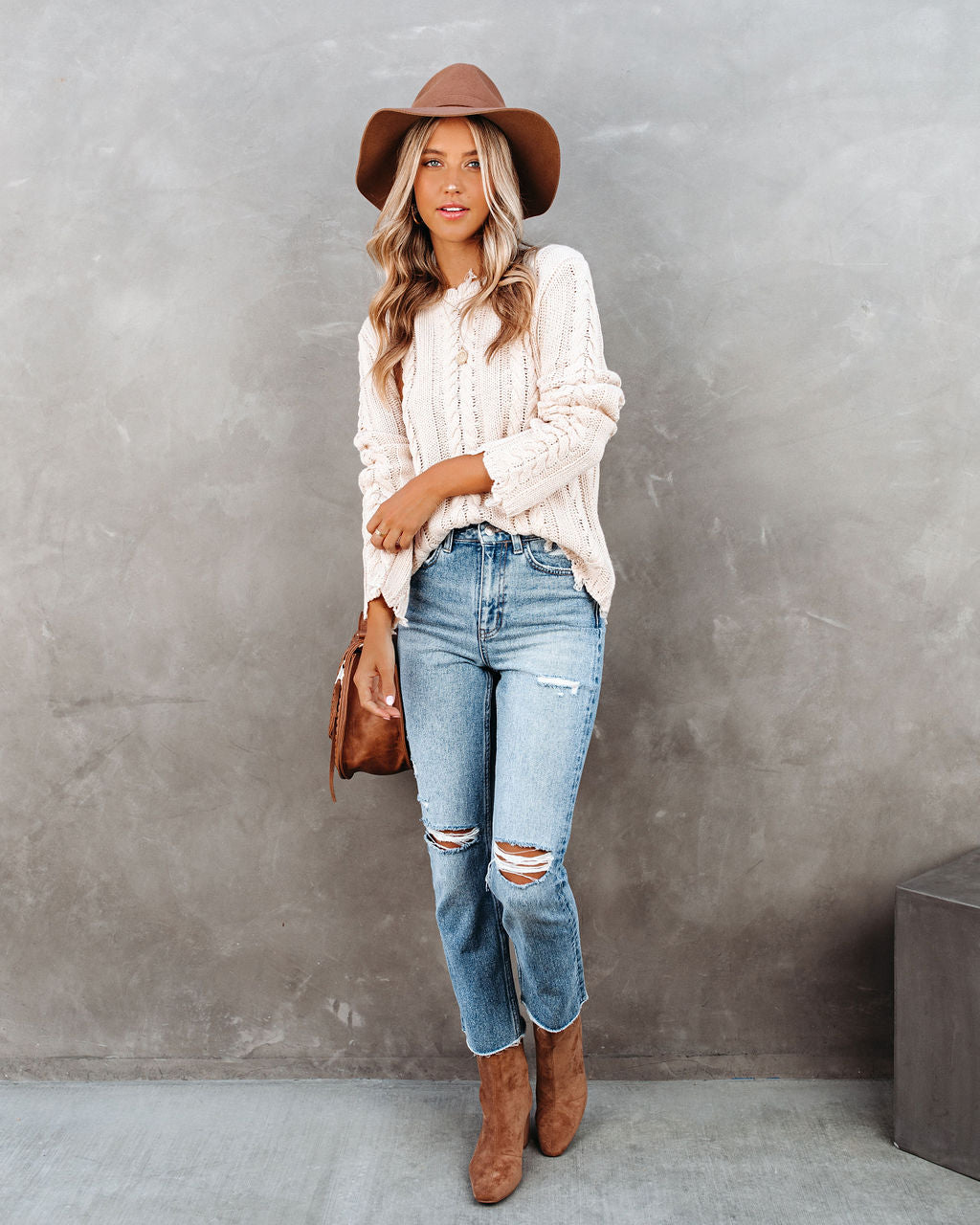 Dacey Distressed Cable Knit Sweater - Cream