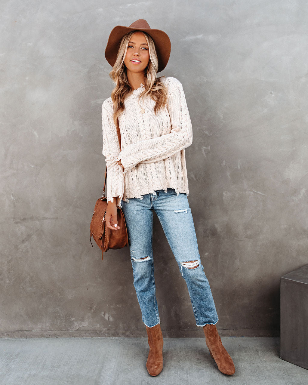 Dacey Distressed Cable Knit Sweater - Cream