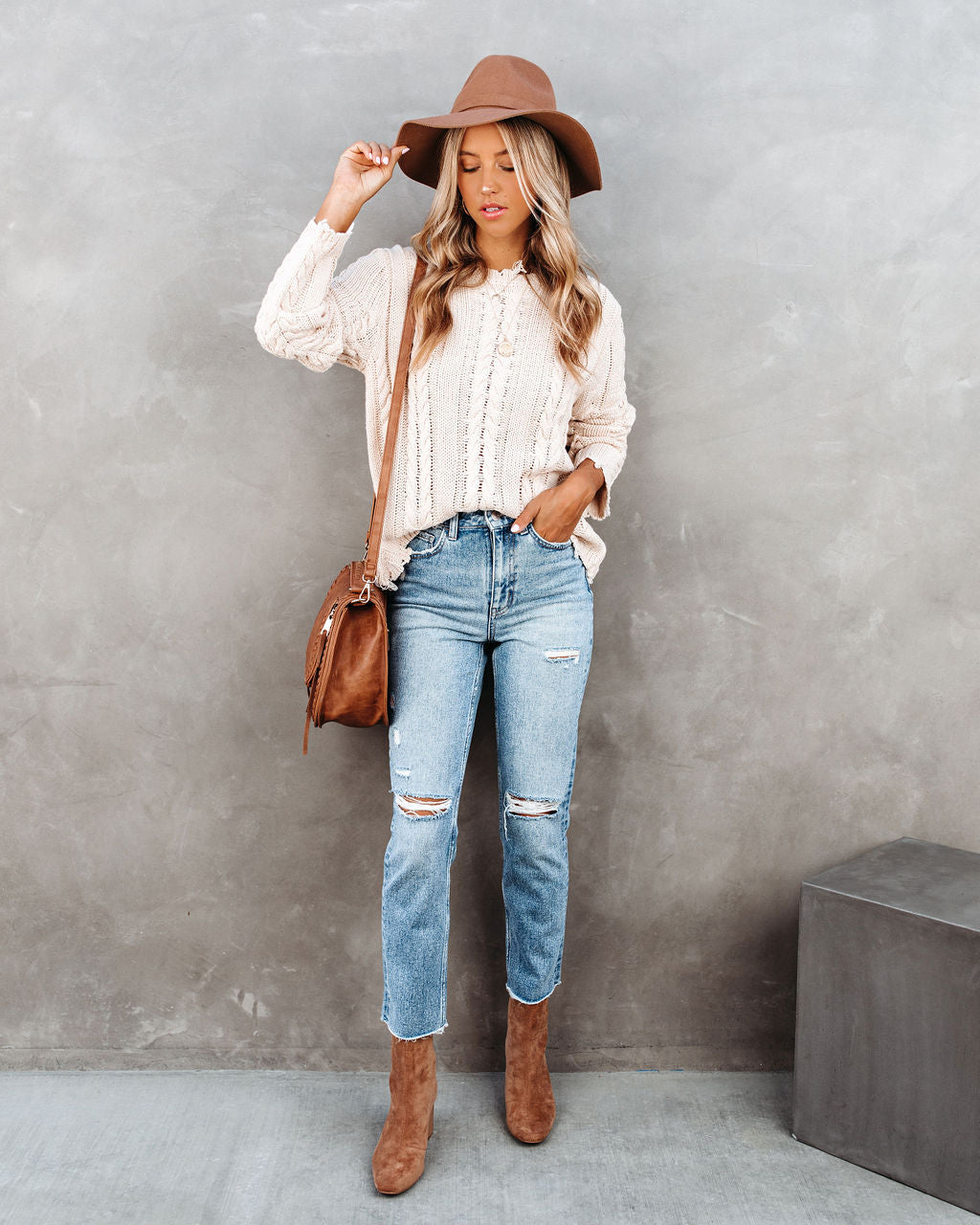 Dacey Distressed Cable Knit Sweater - Cream