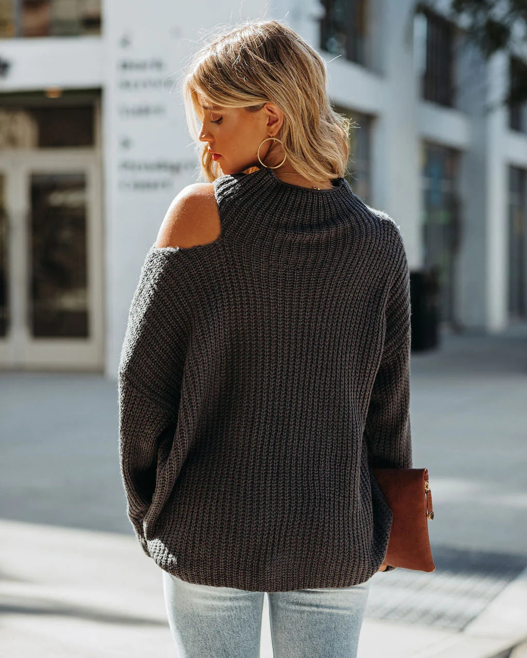 Deep Gray Ribbed Knit Sweater