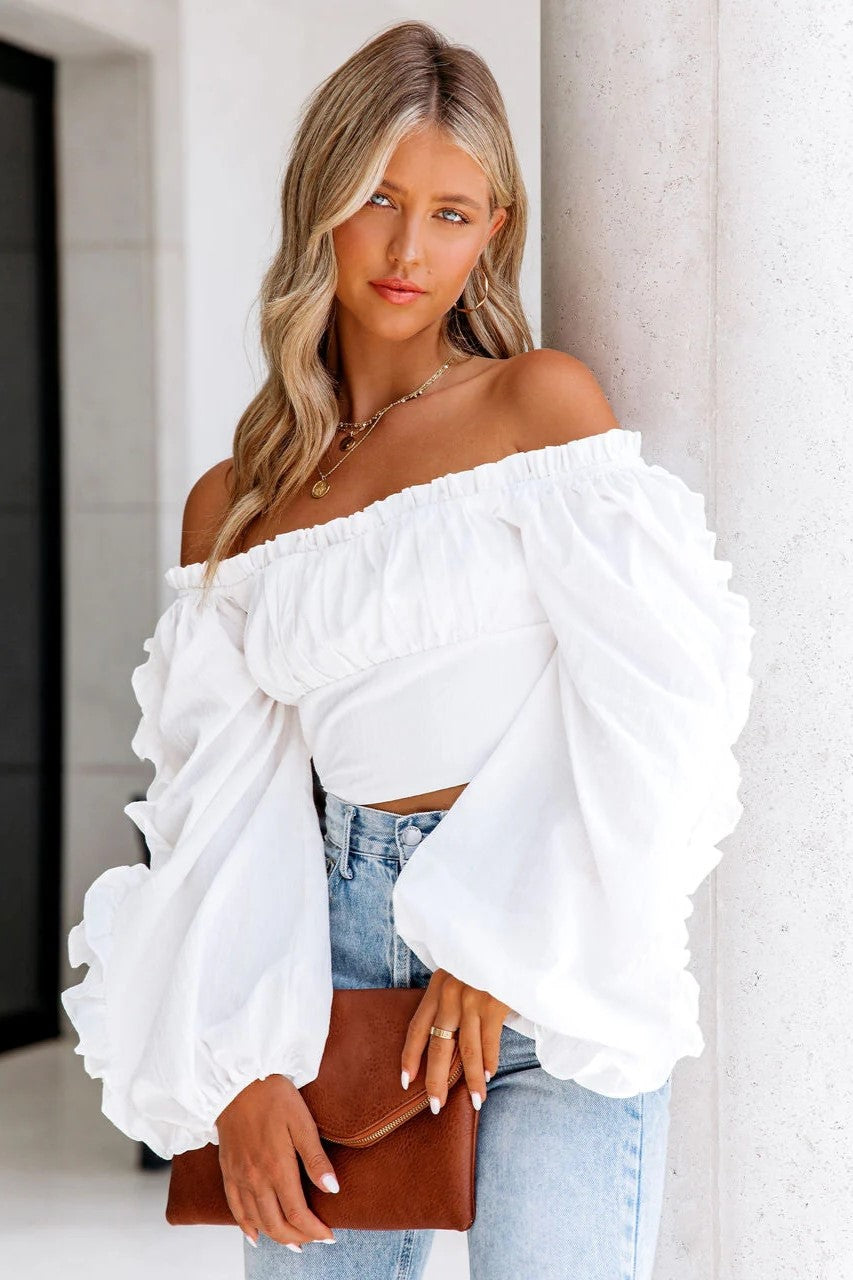 Dragonfly Cotton Ruffle Sleeve Crop Top