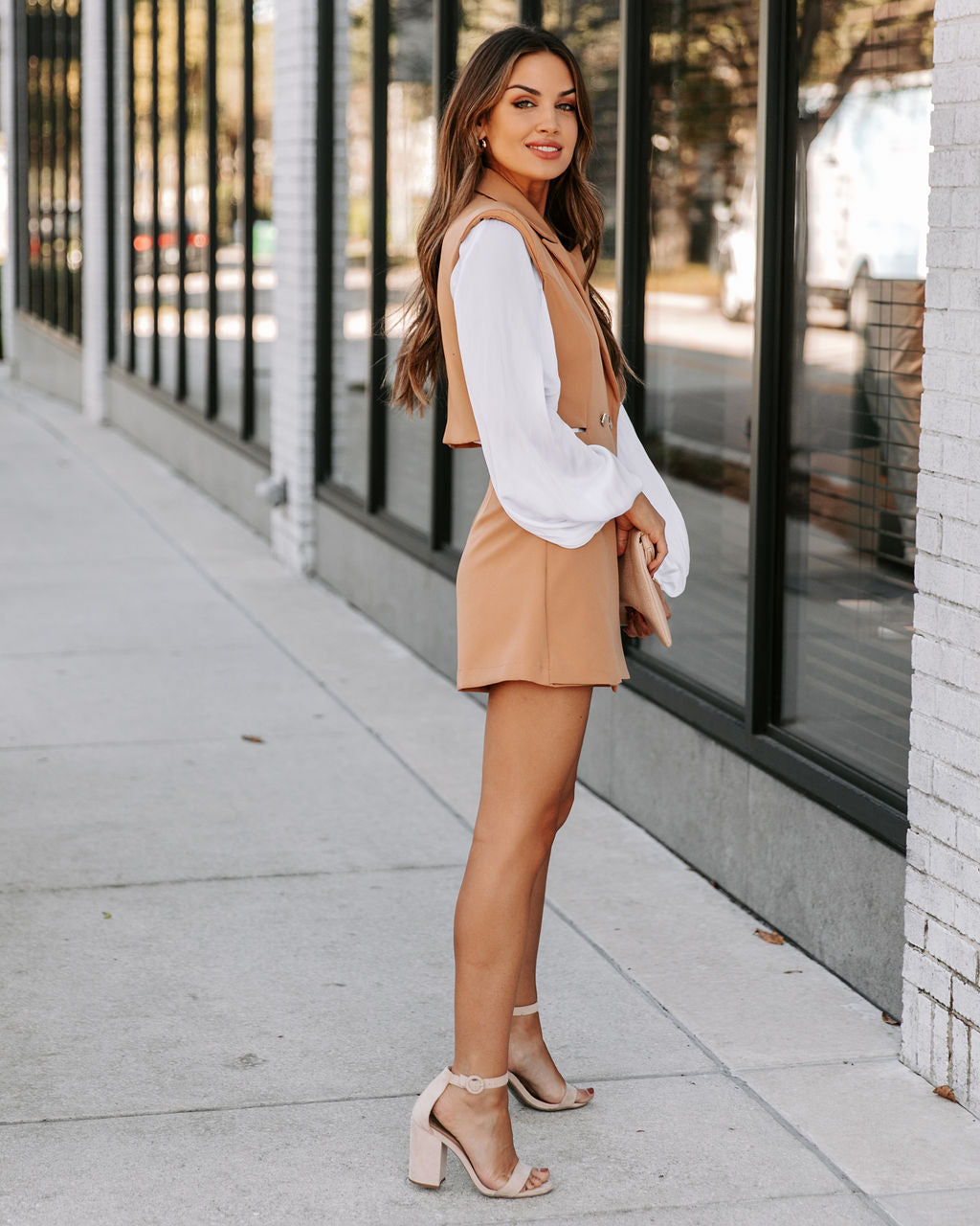 Popularize Cutout Blazer Romper - Camel