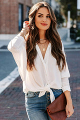Attention To Detail Button Down Tie Blouse - White - FINAL SALE