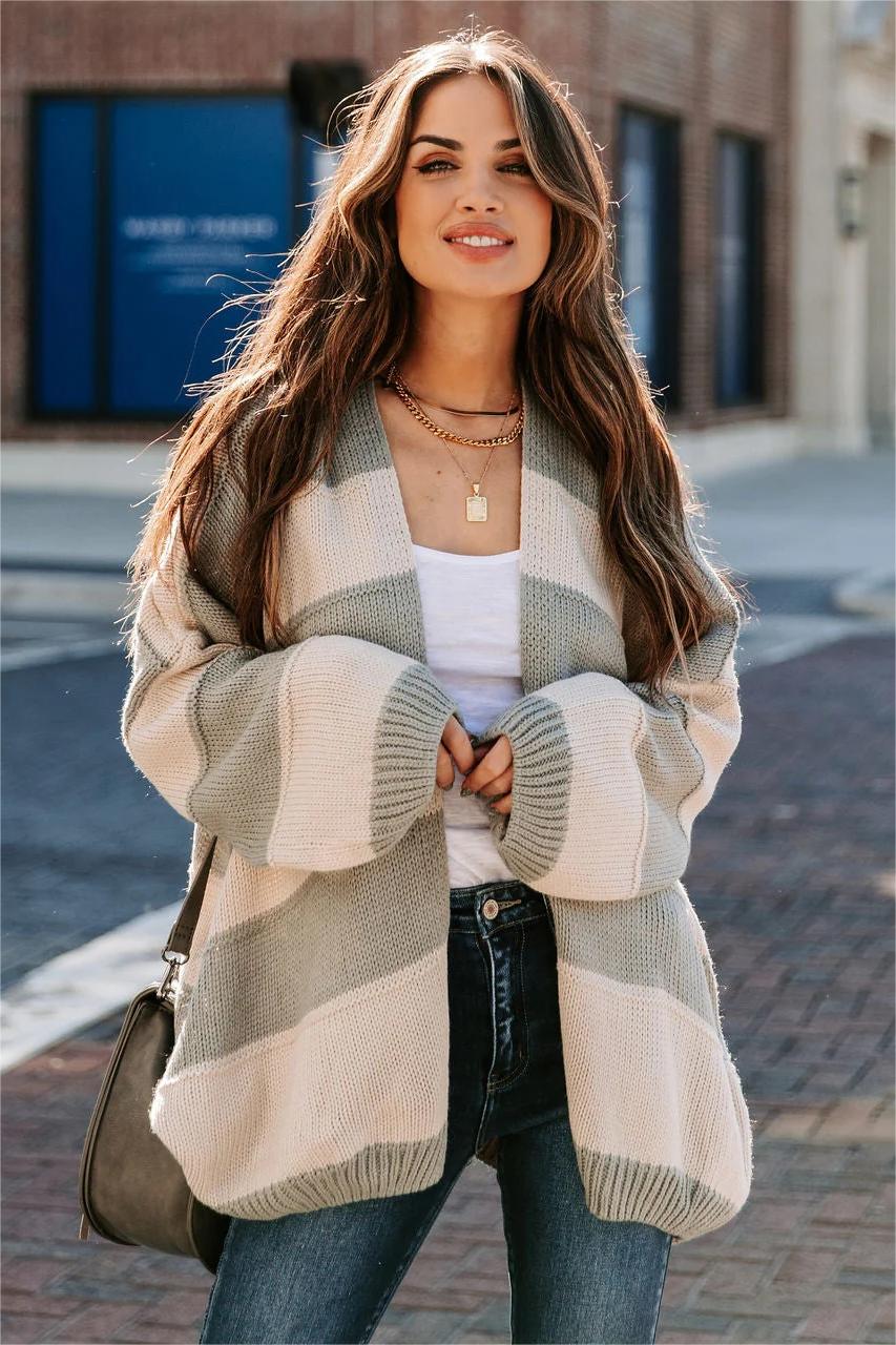 Grey Striped Knit Cardigan