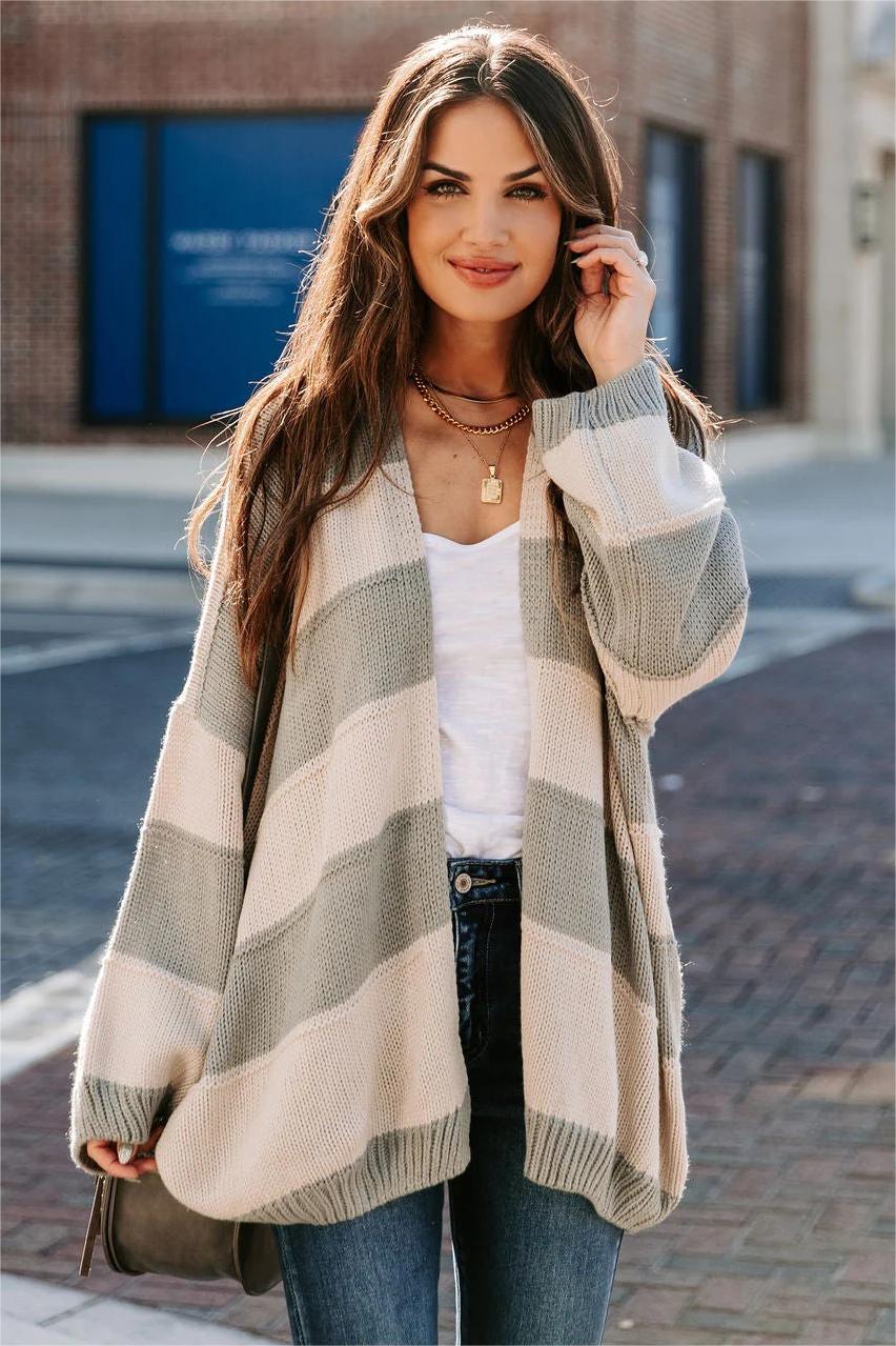 Grey Striped Knit Cardigan