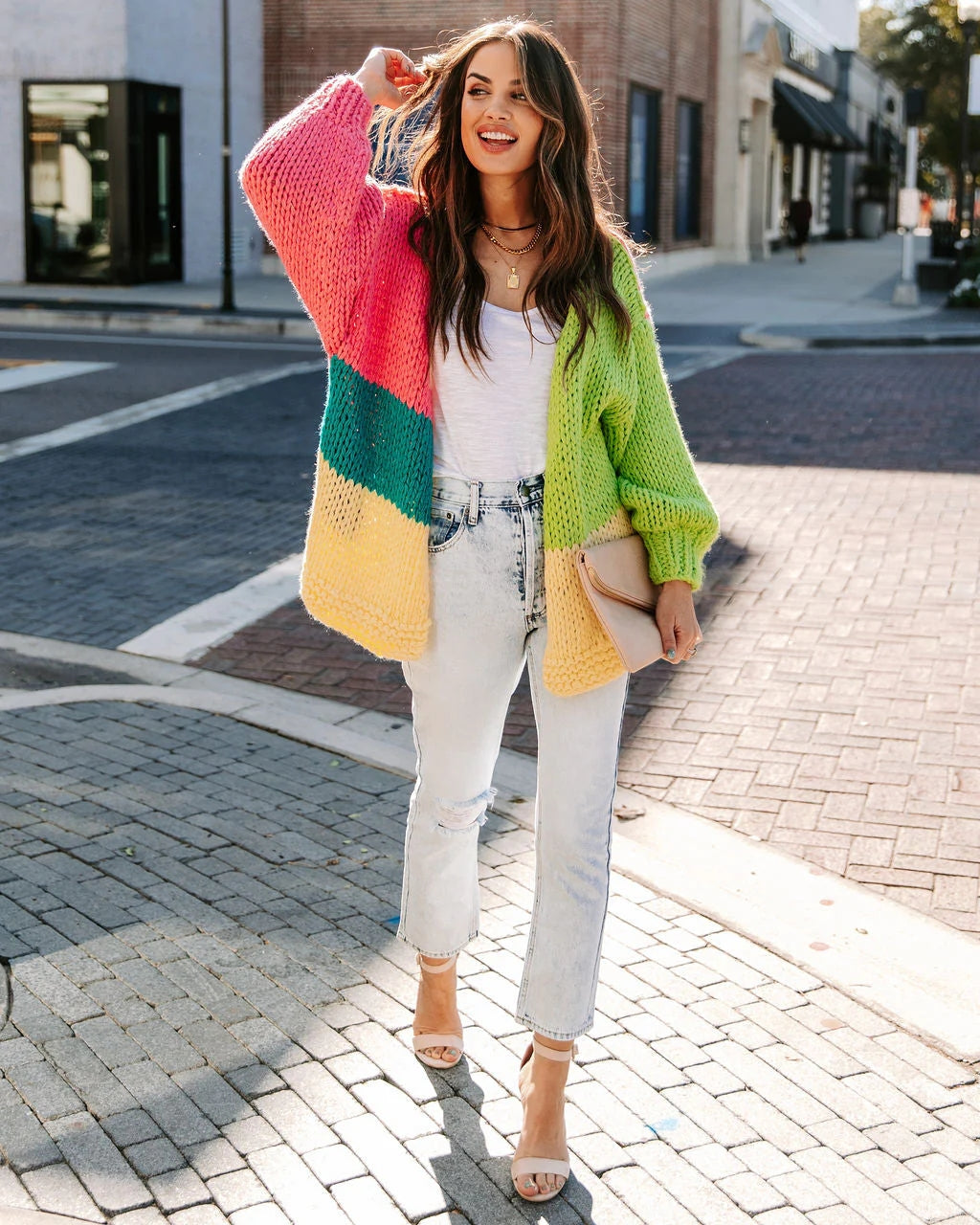 Green Colorblocked Open Front Cardigan
