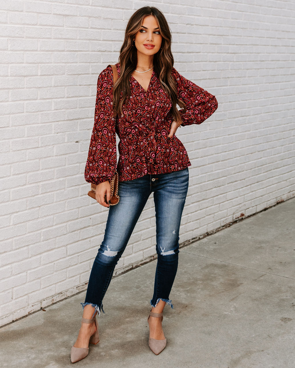 Us Forever Paisley Tie Front Peplum Blouse - FINAL SALE