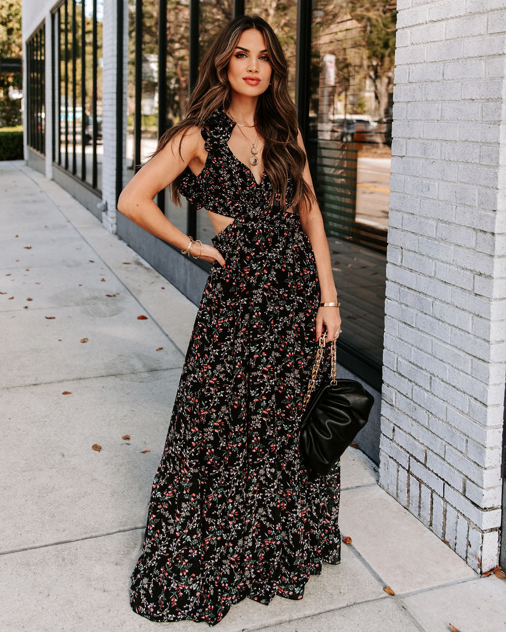 ruffle cutout maxi dress RUFFLE CUTOUT MAXI IN SPICED PEONIES Sonya Moda