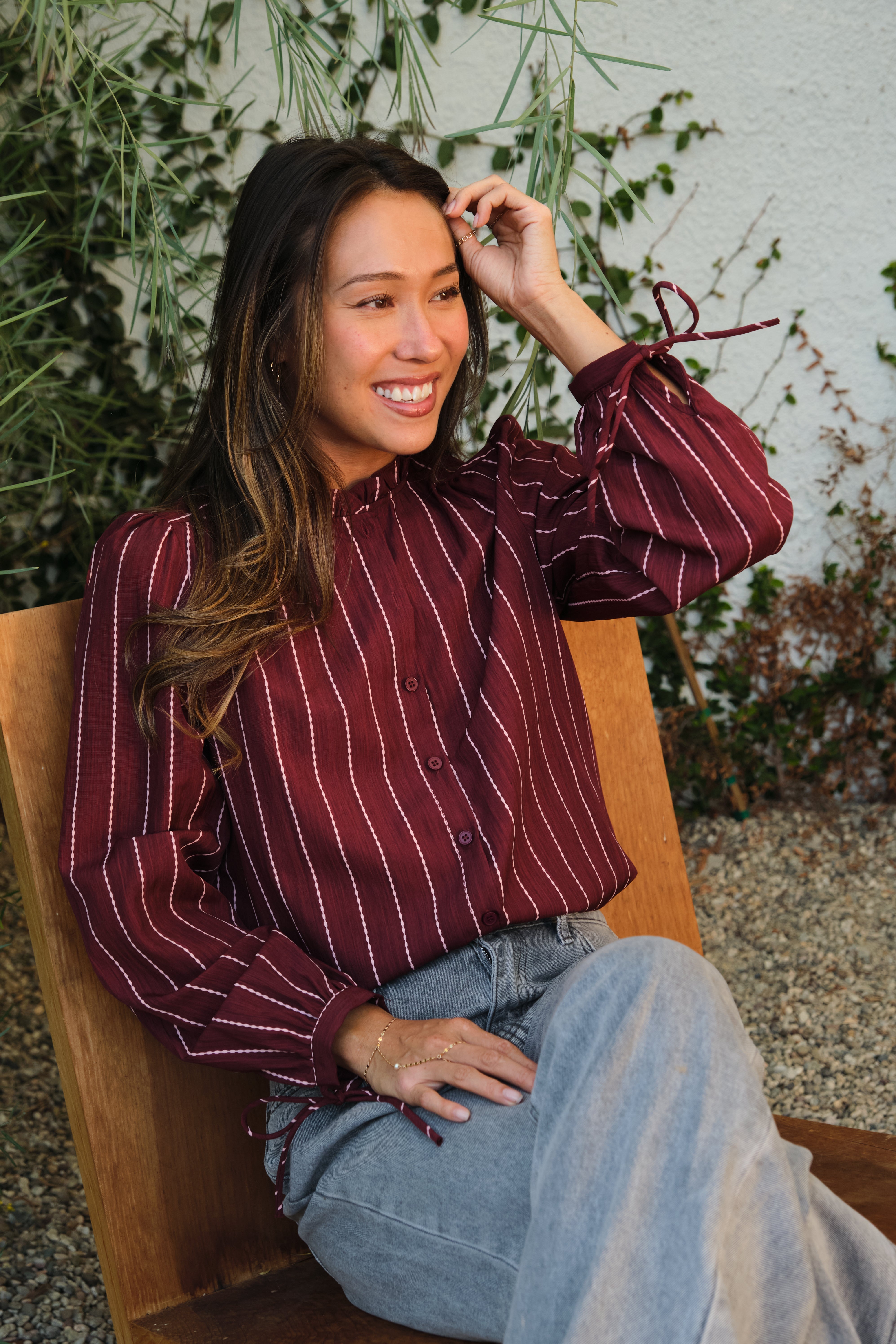 Burgundy Striped Button Down Blouse