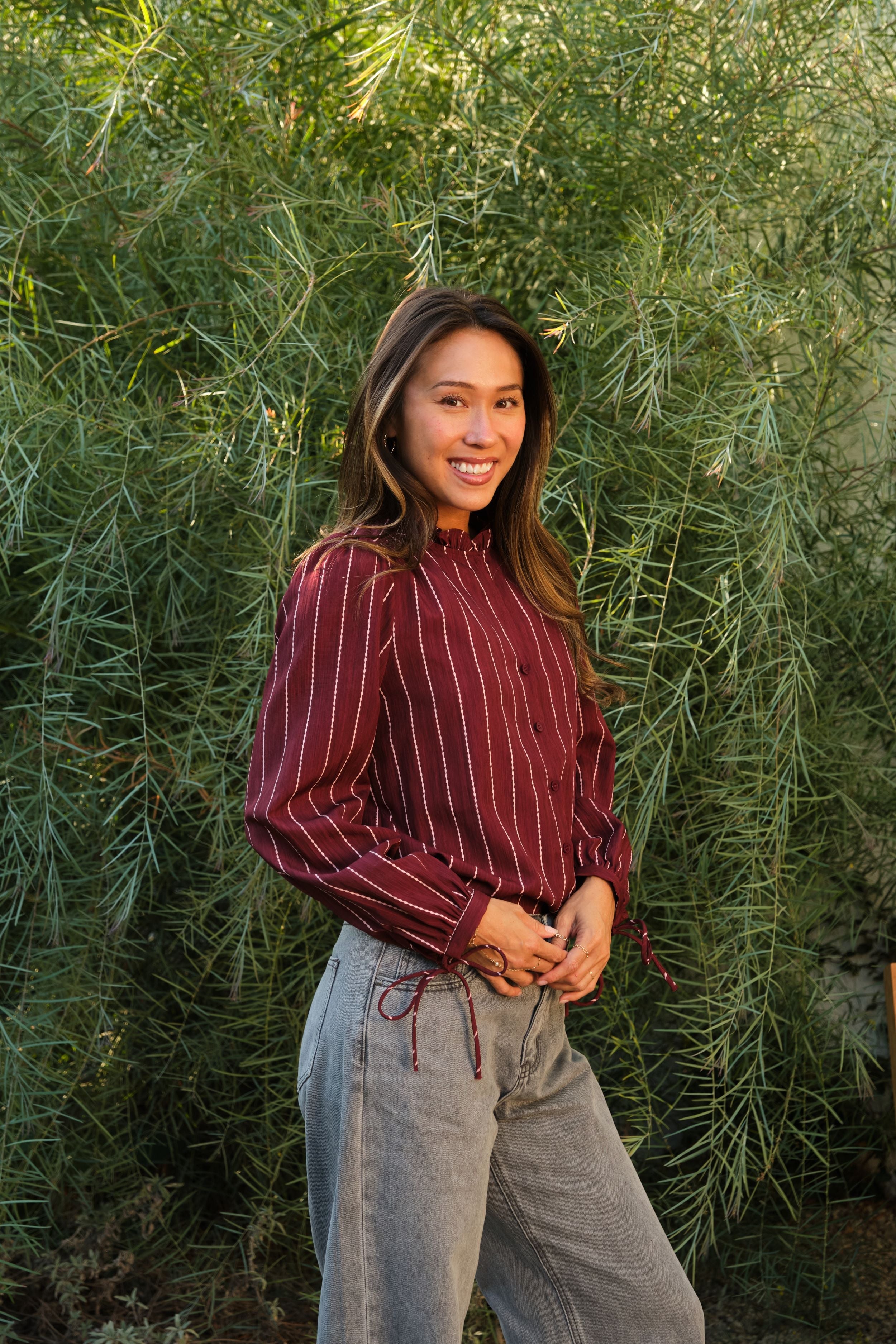 Burgundy Striped Button Down Blouse