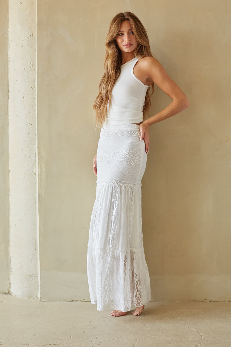 White Lace Tiered Maxi Skirt