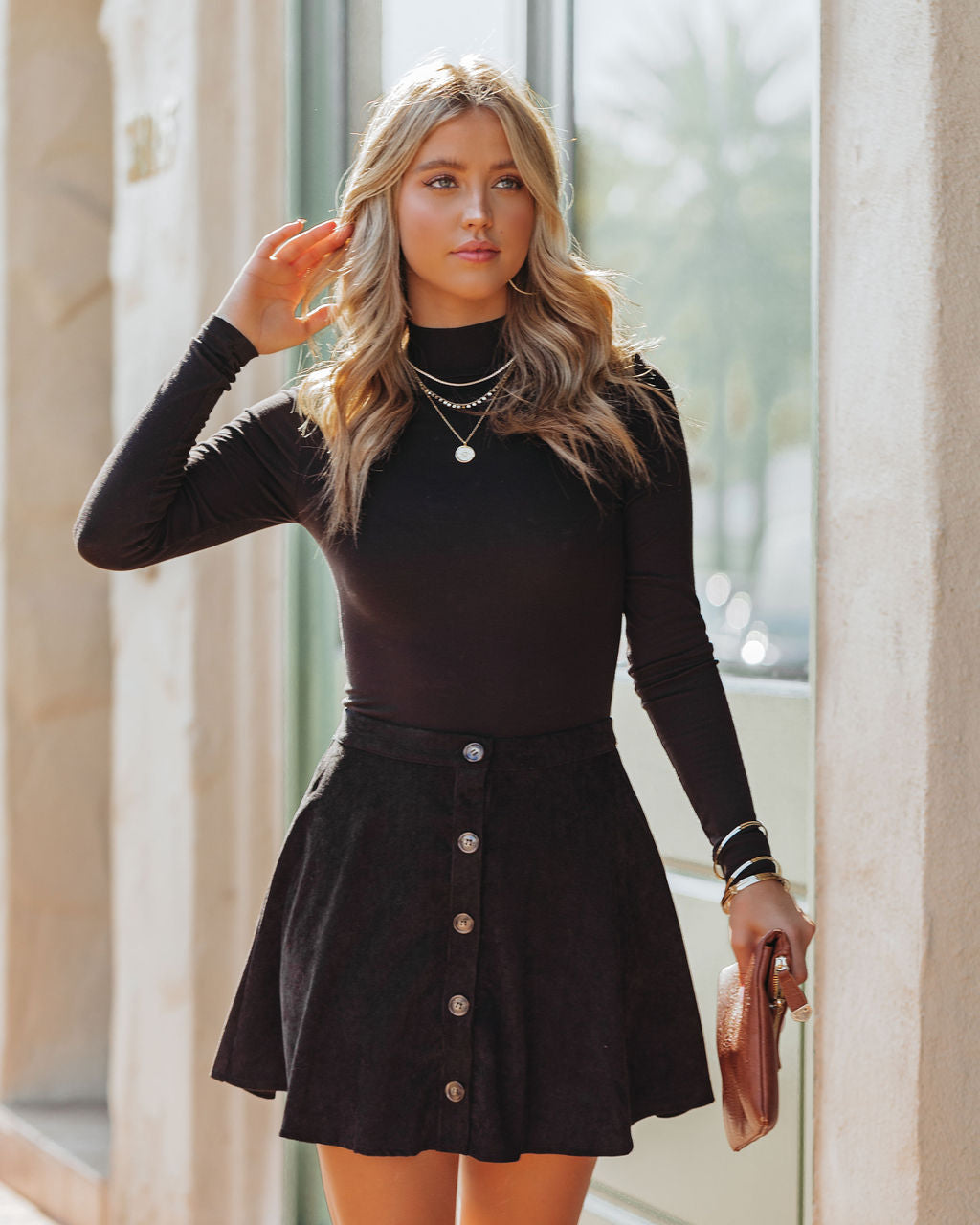 Hazelnut Button Down Corduroy Mini Skirt - Black - FINAL SALE