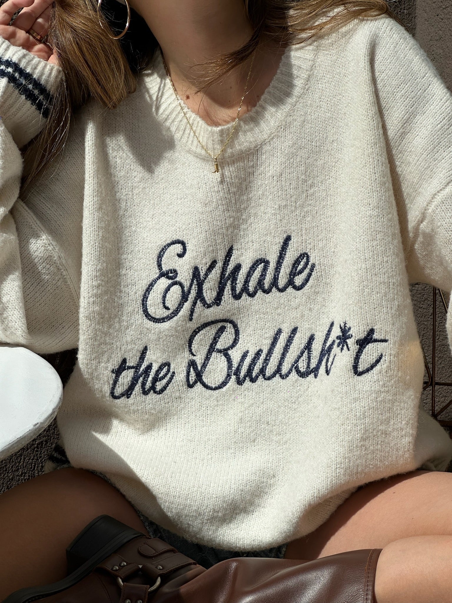Beige Letter Print Pullover Sweater