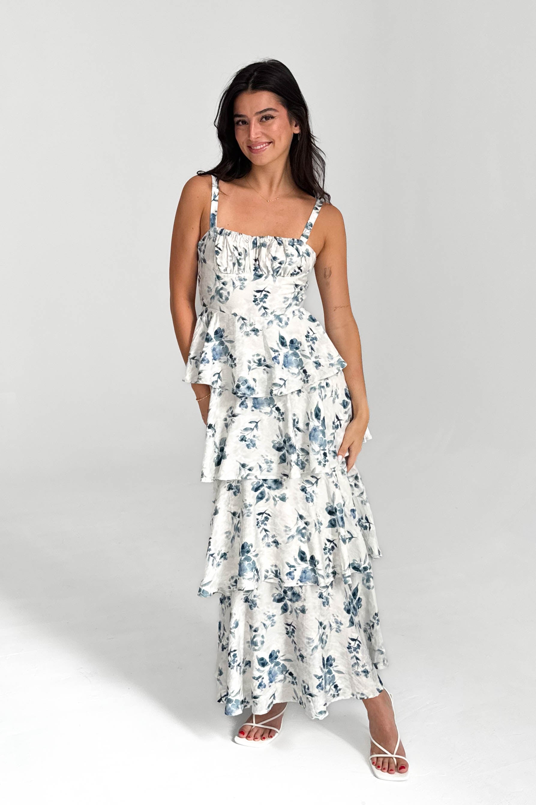 Blue Floral Tiered Midi Dress