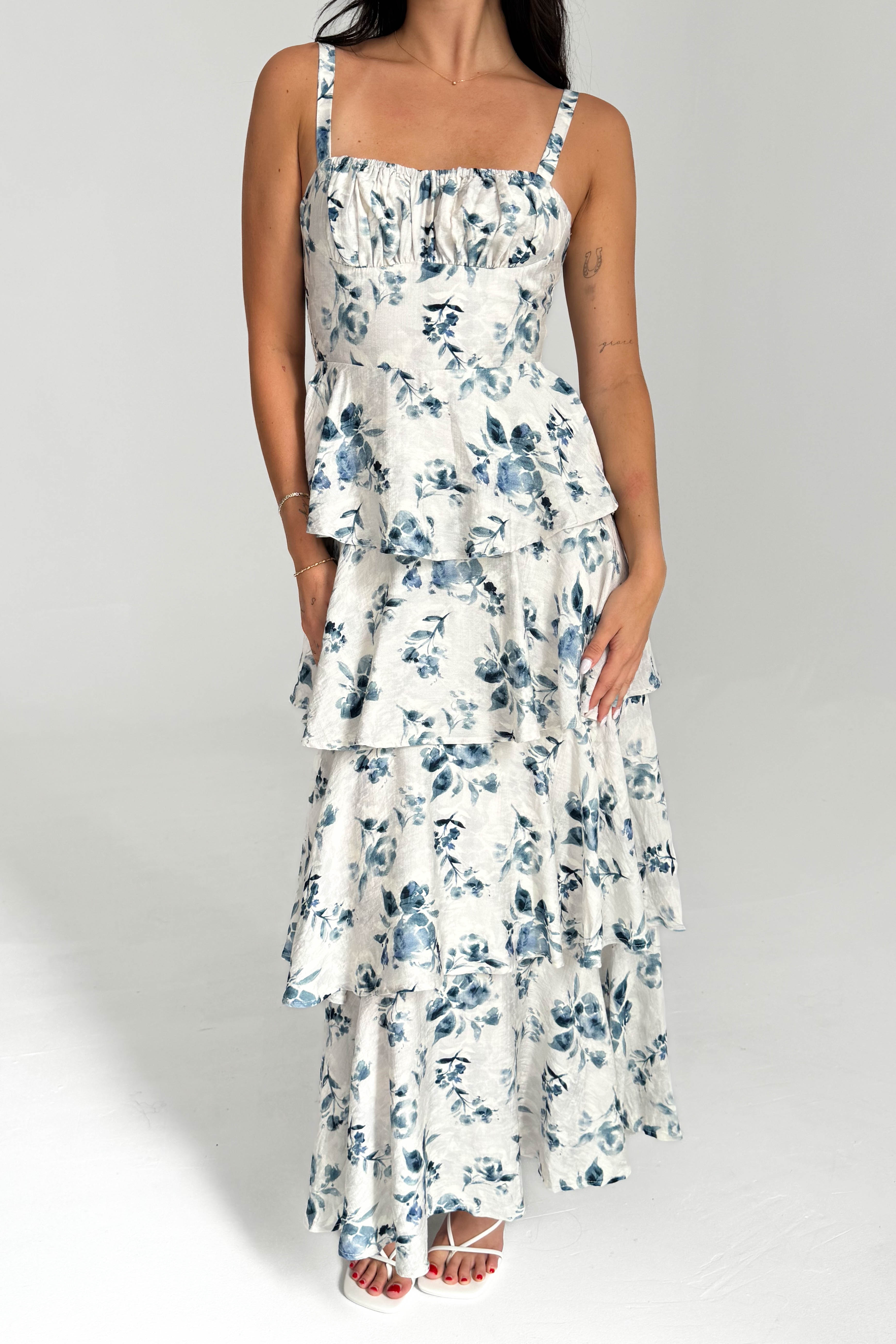 Blue Floral Tiered Midi Dress
