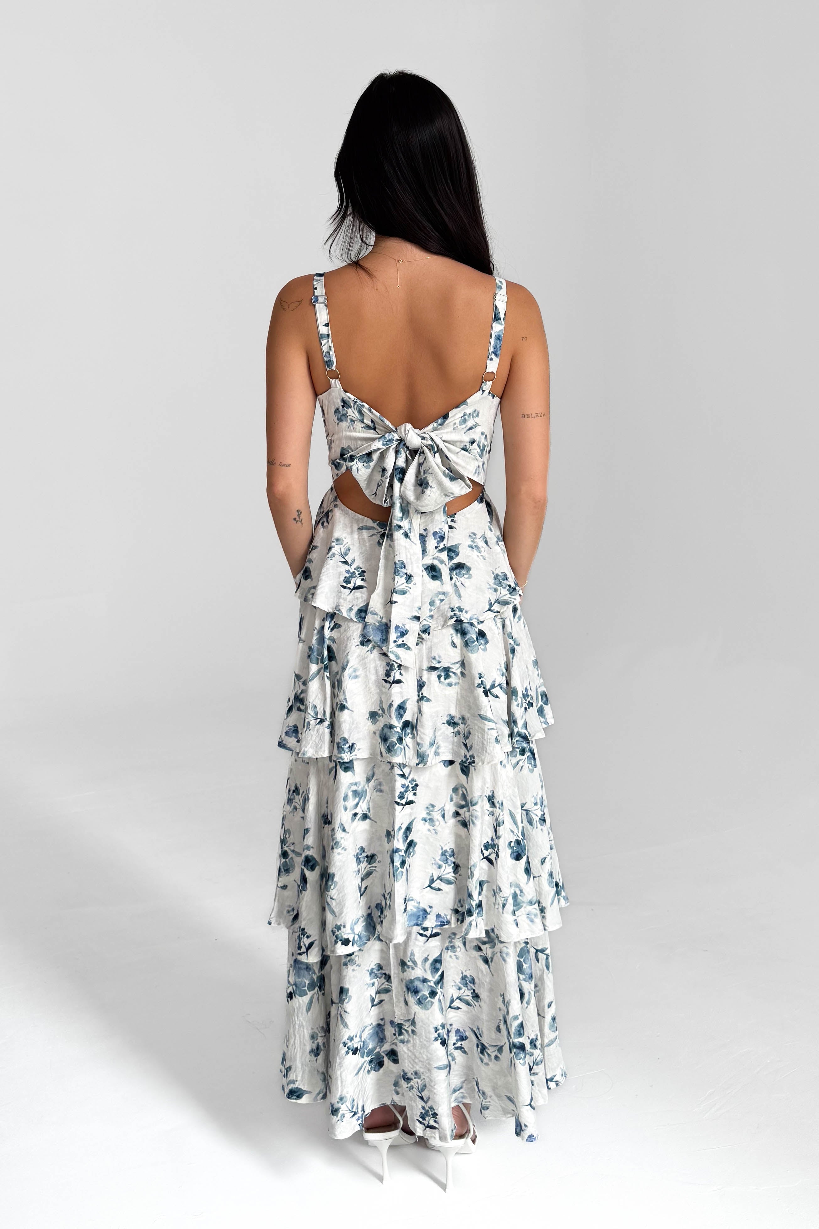 Blue Floral Tiered Midi Dress