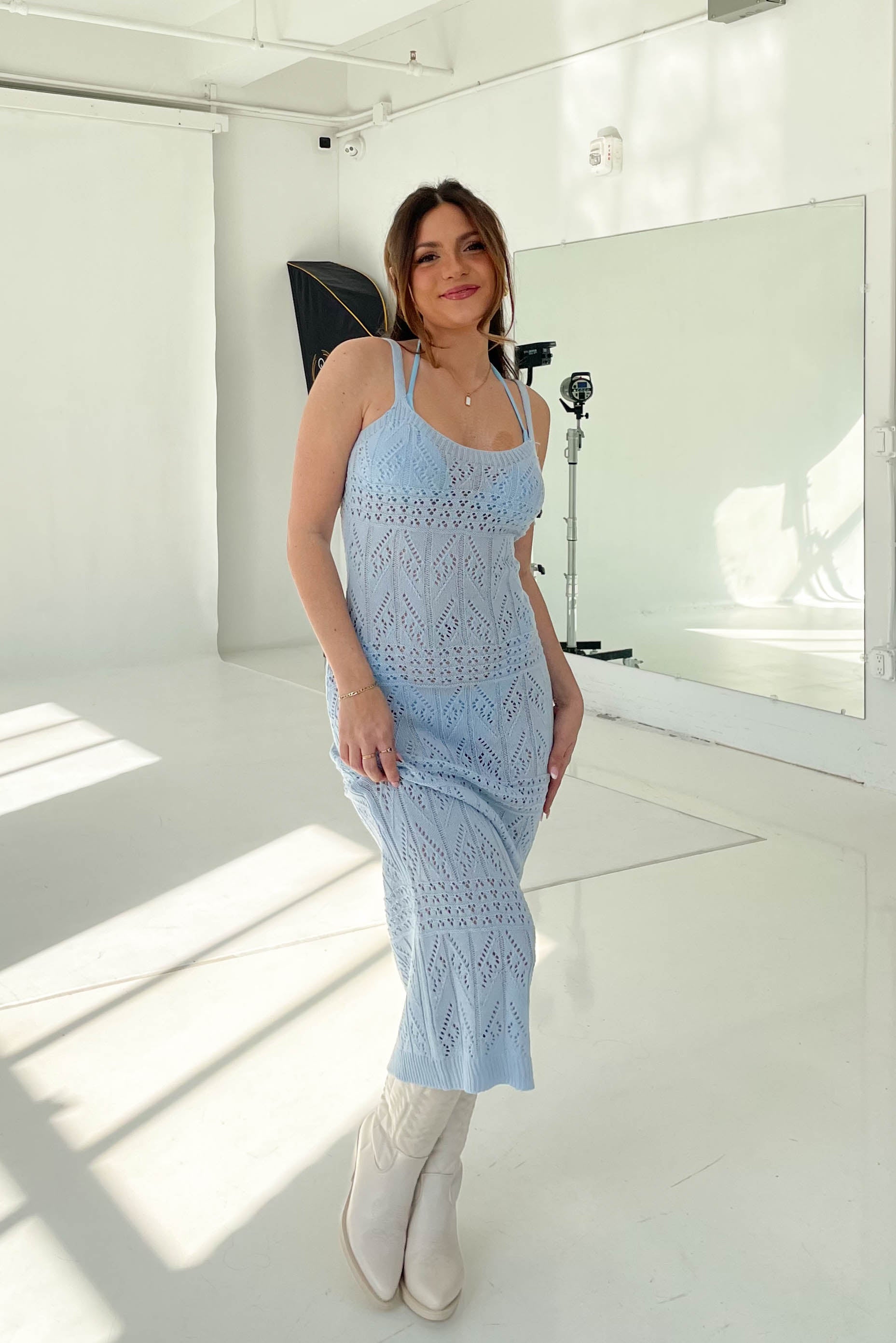 Blue Crochet Knit Midi Dress