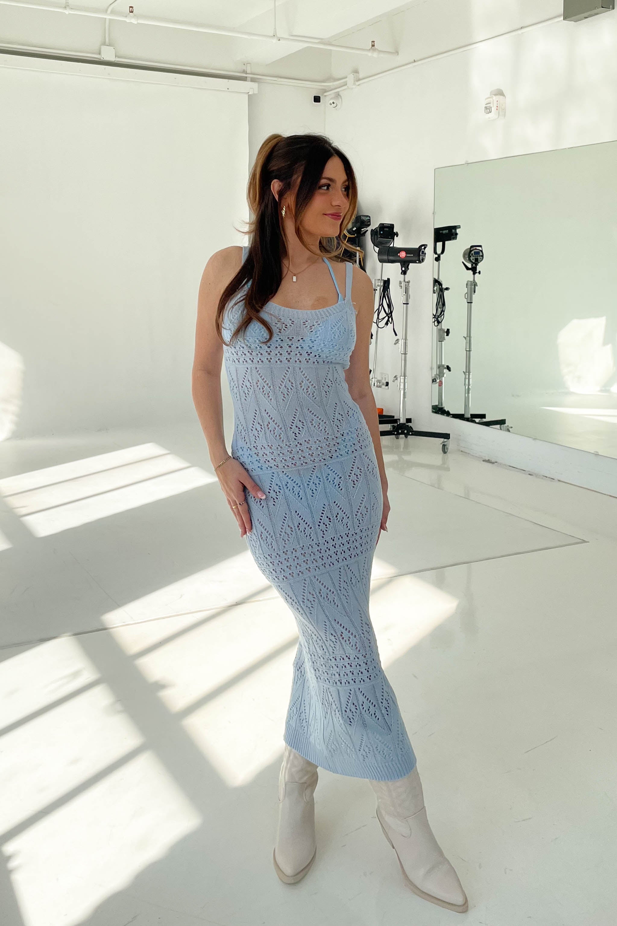 Blue Crochet Knit Midi Dress