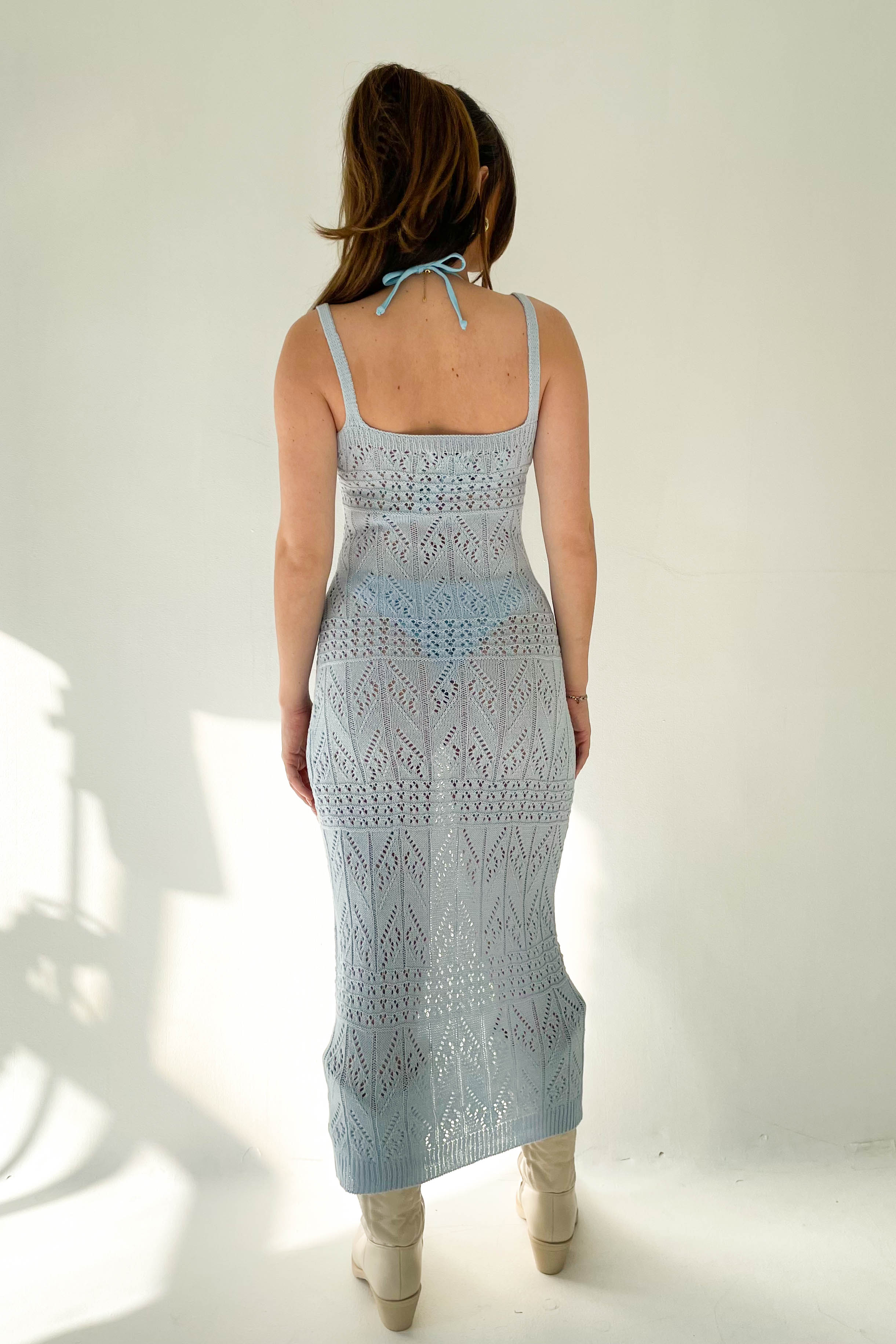 Blue Crochet Knit Midi Dress