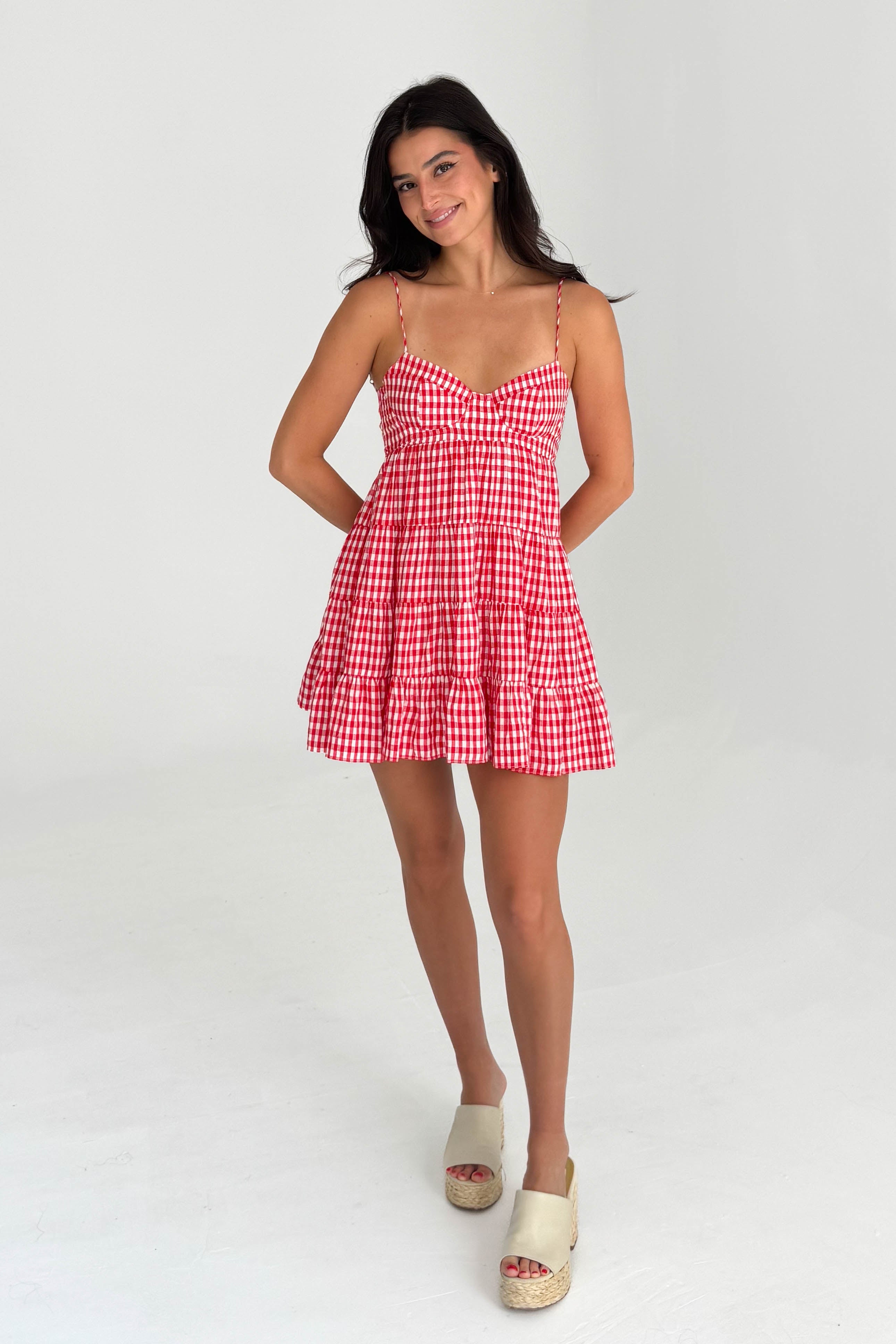Red Gingham Print Mini Dress