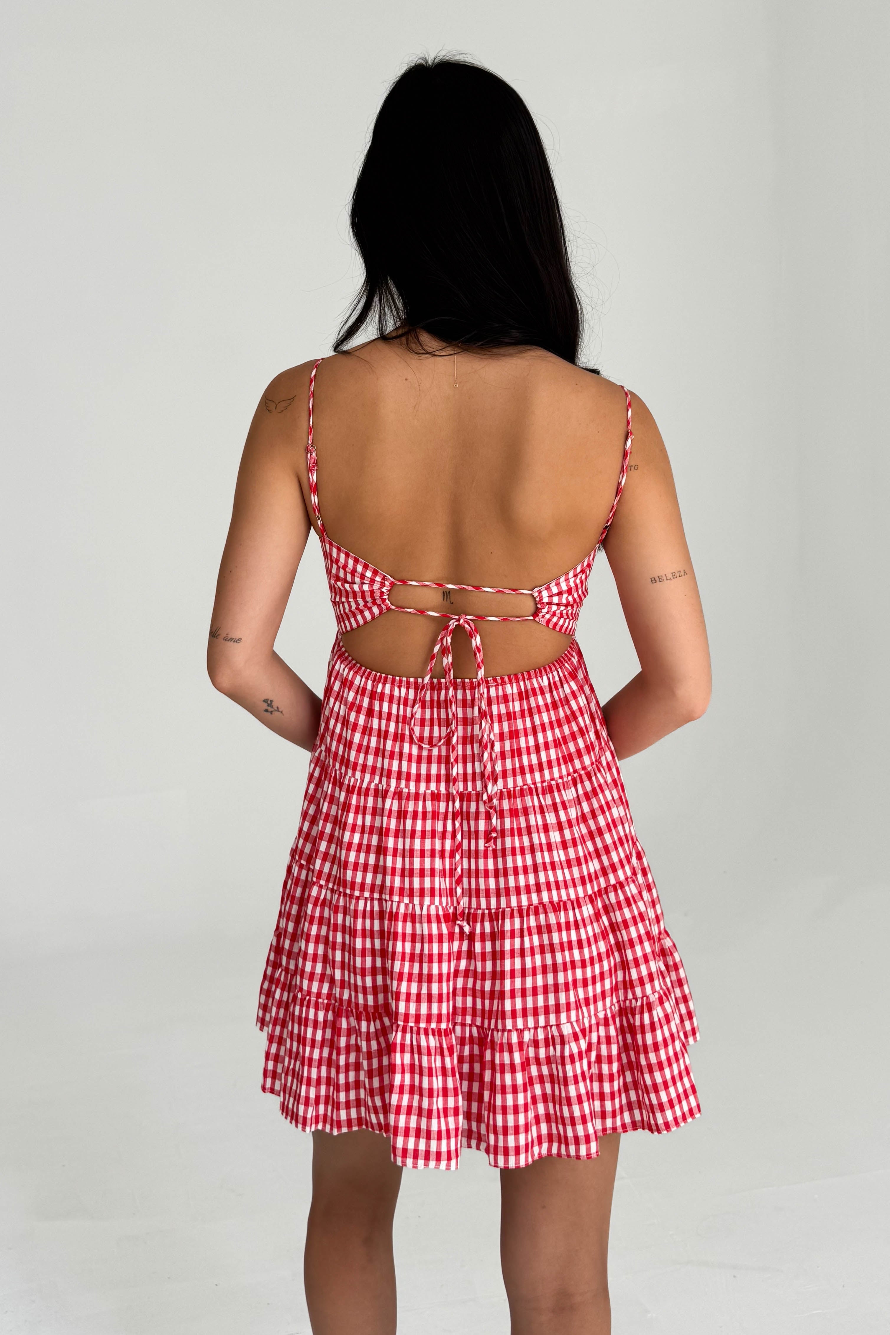 Red Gingham Print Mini Dress