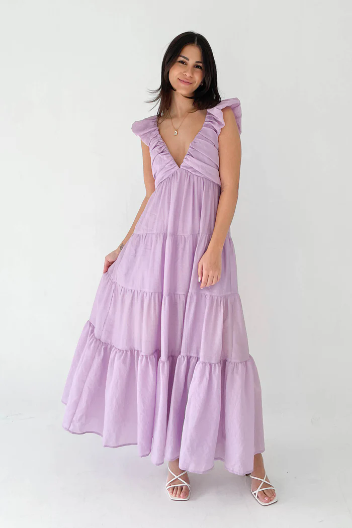 Purple V Neckline Solid Maxi Dress