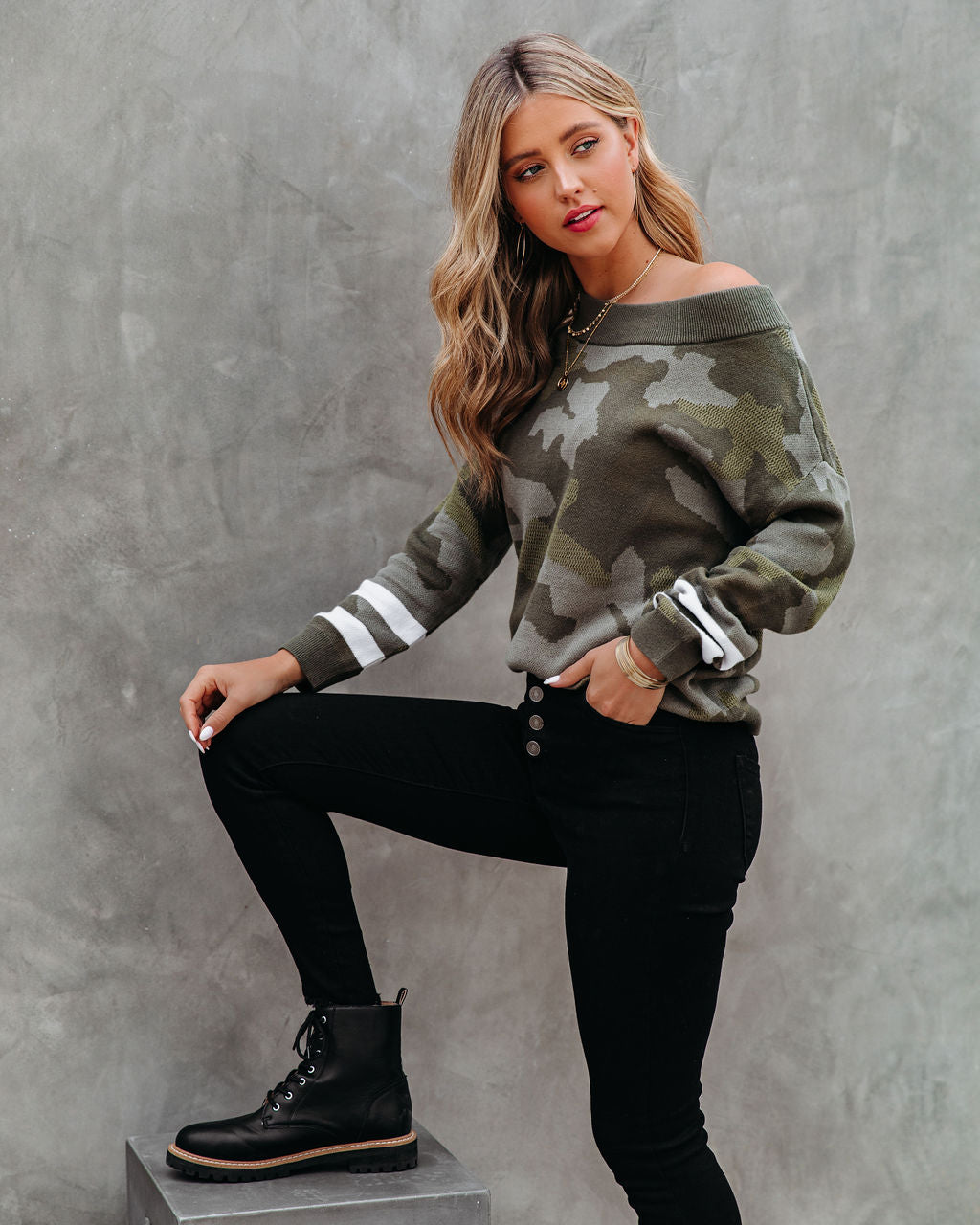 Kalista Cotton Boat Neck Camo Sweater - Olive
