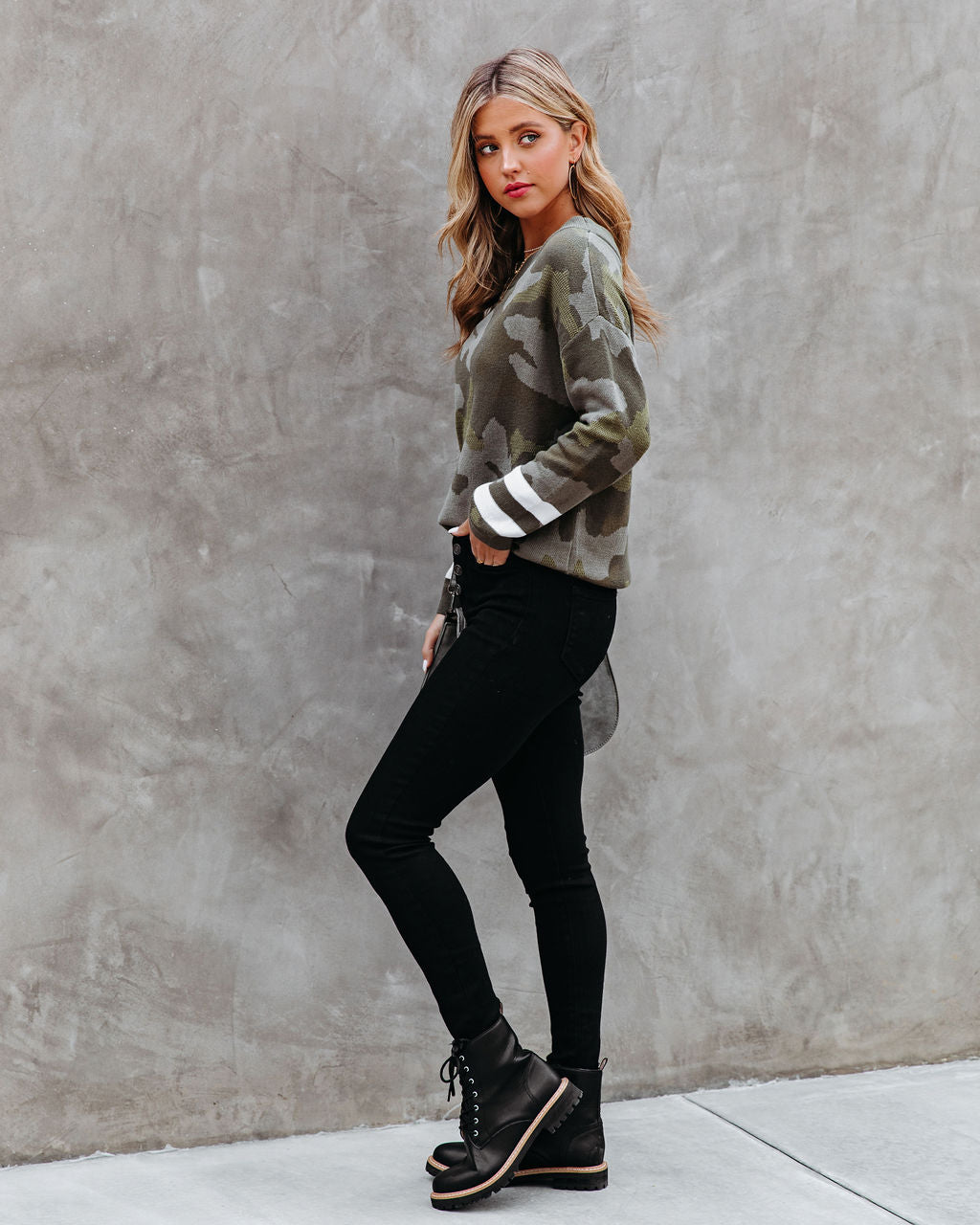 Kalista Cotton Boat Neck Camo Sweater - Olive