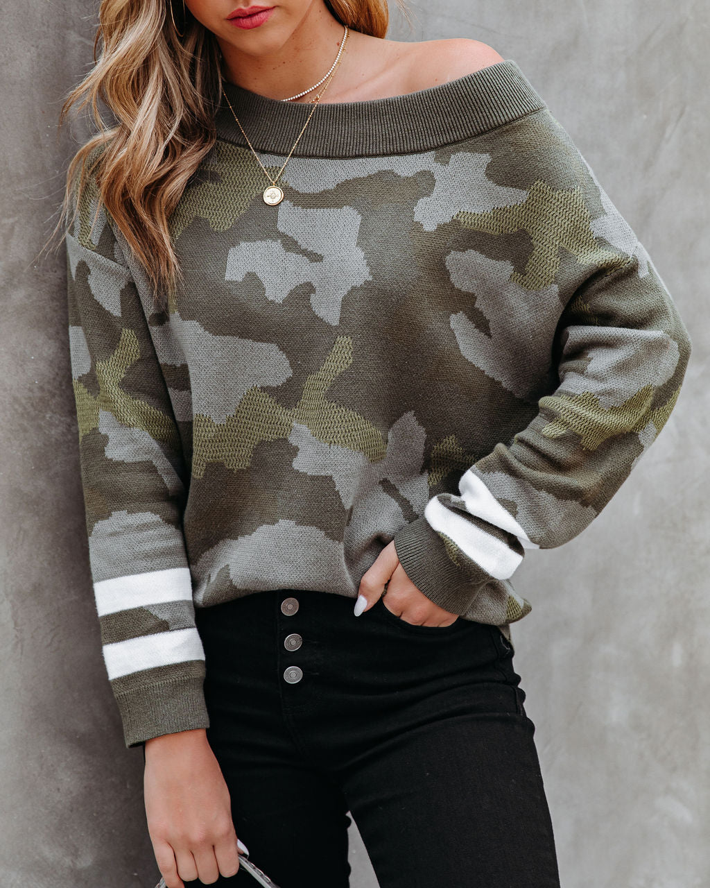 Kalista Cotton Boat Neck Camo Sweater - Olive