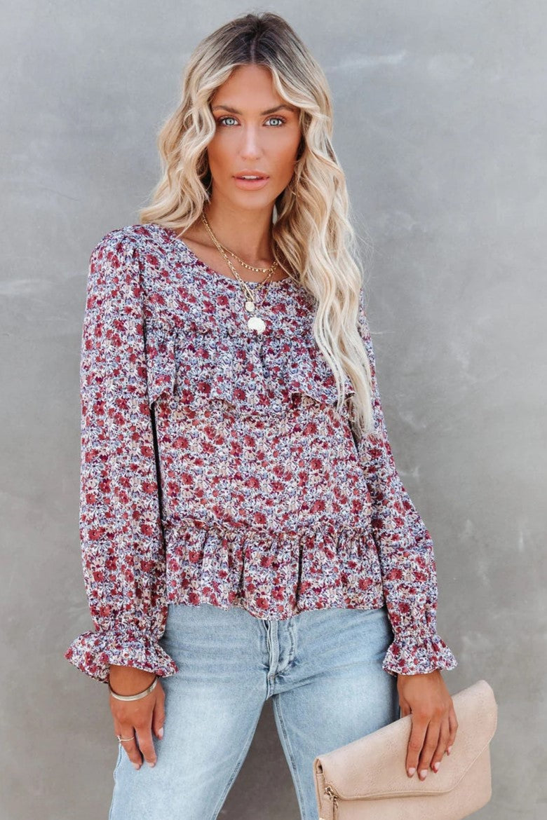 Purple Floral Long Sleeves Chiffon Blouse