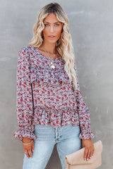 Purple Floral Long Sleeves Chiffon Blouse