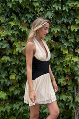 Beige Black Contrast Mini Dress