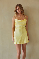 Yellow Satin Cowl Neck Mini Dress