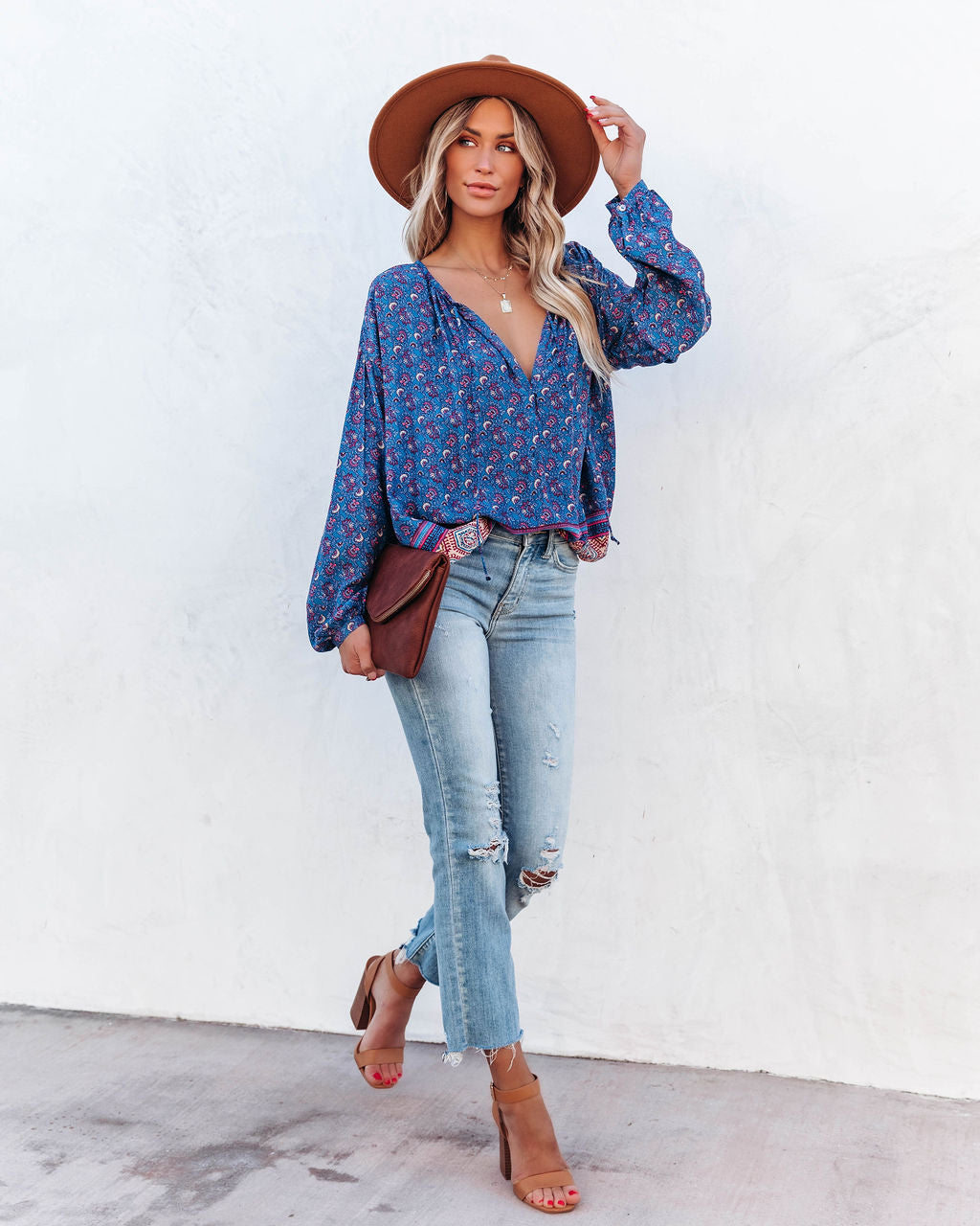 Luana Printed Peasant Top - Blue