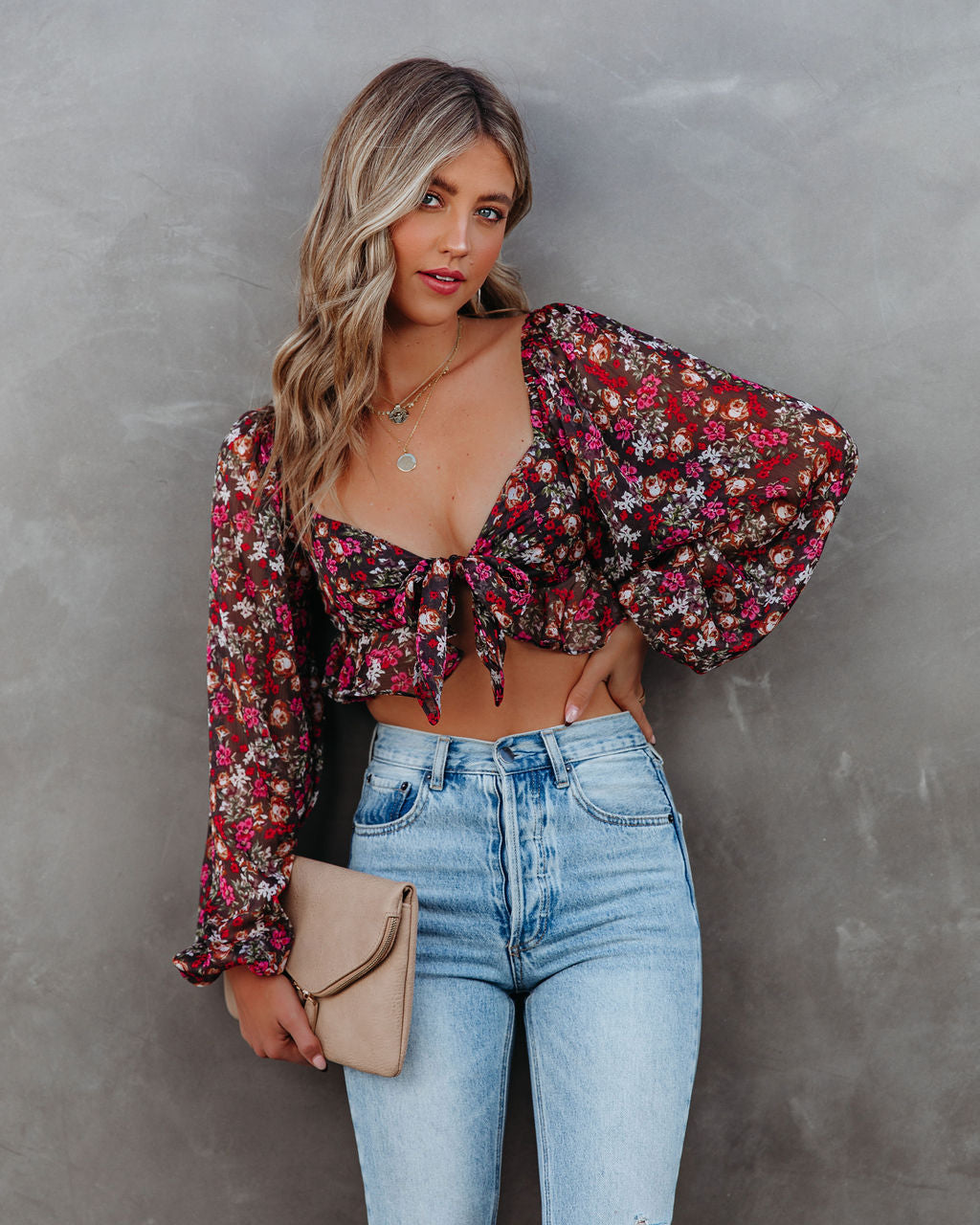 Red My Floral Tie Front Crop Blouse