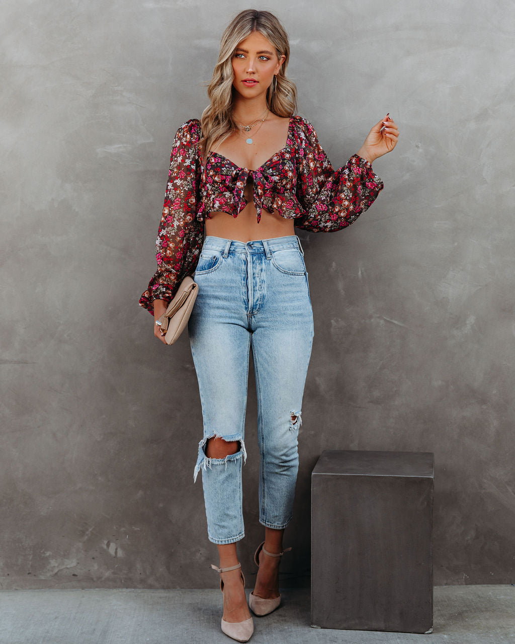 Red My Floral Tie Front Crop Blouse