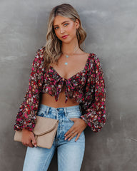 Red My Floral Tie Front Crop Blouse