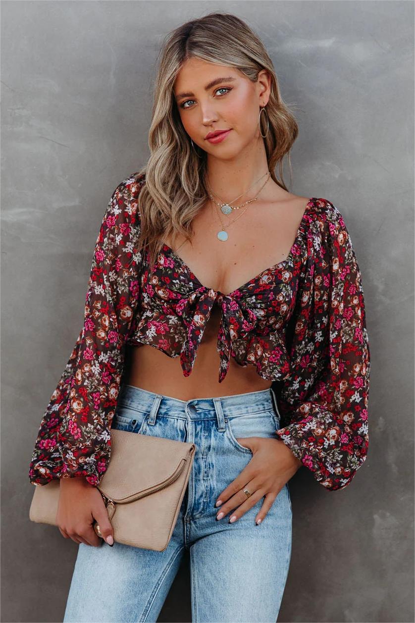 Red My Floral Tie Front Crop Blouse