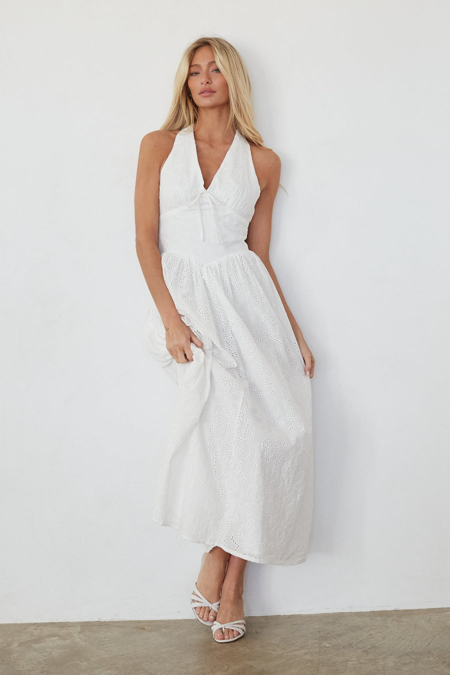 White Eyelet Halter Midi Dress