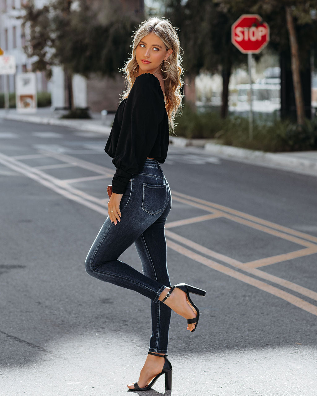 Negin Satin Billowed Crop Blouse - Black