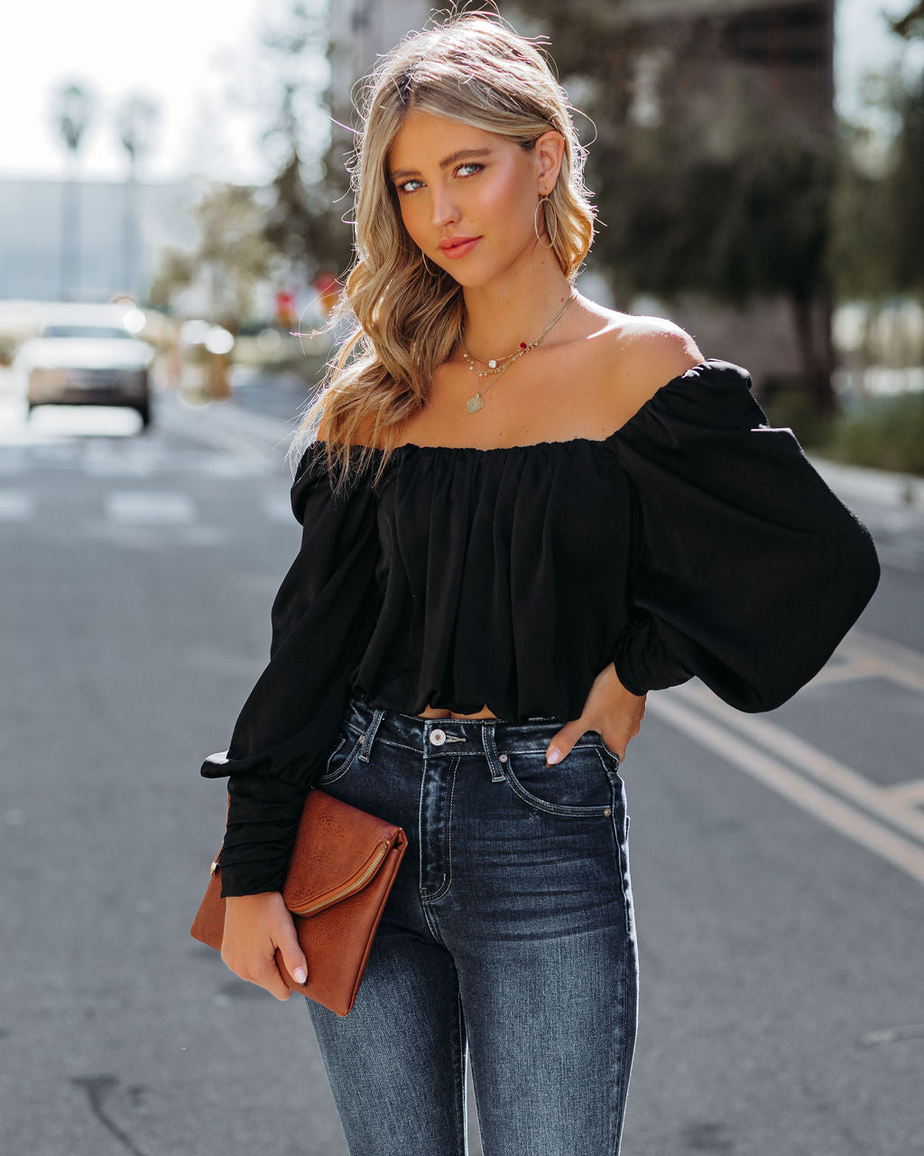 Negin Satin Billowed Crop Blouse - Black