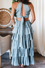 Slate Blue Tiered Halter Midi Dress