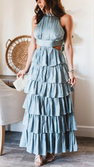 Slate Blue Tiered Halter Midi Dress